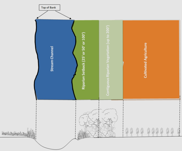 This image shows the streambank setbacks to be protected under the county's new Riparian Corridor Ordinance.